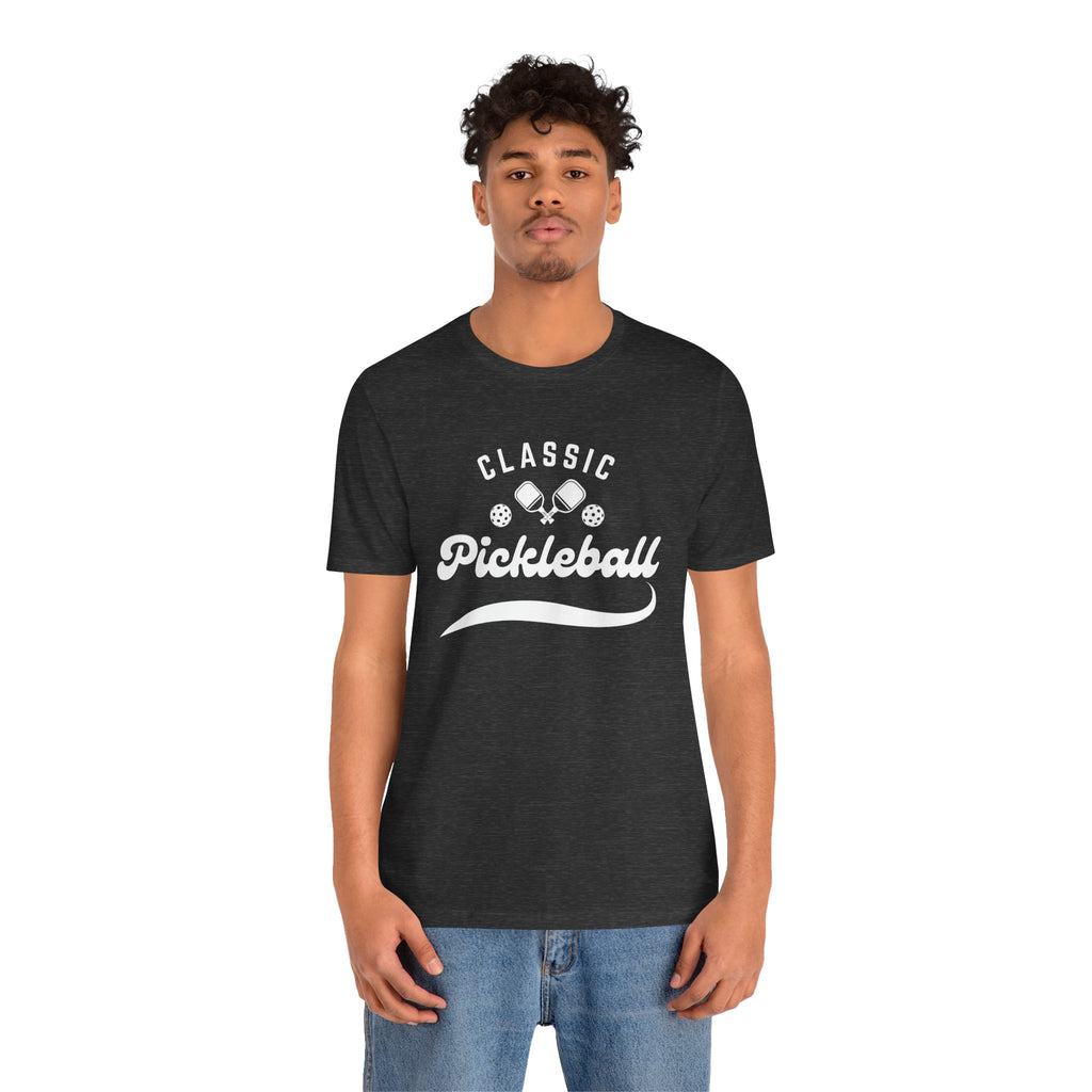 White pickleball T-shirt with "Pickleball" script design, lightweight cotton, casual fit, by Printify.