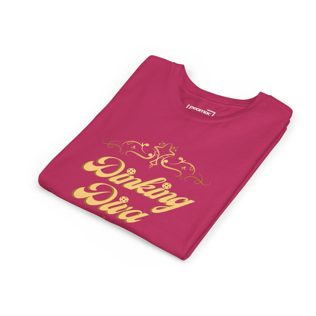Kids' Youth Dinking Diva T-Shirt with gold filigree pickleball graphic, colorful kids' clothing by Printify, front view.