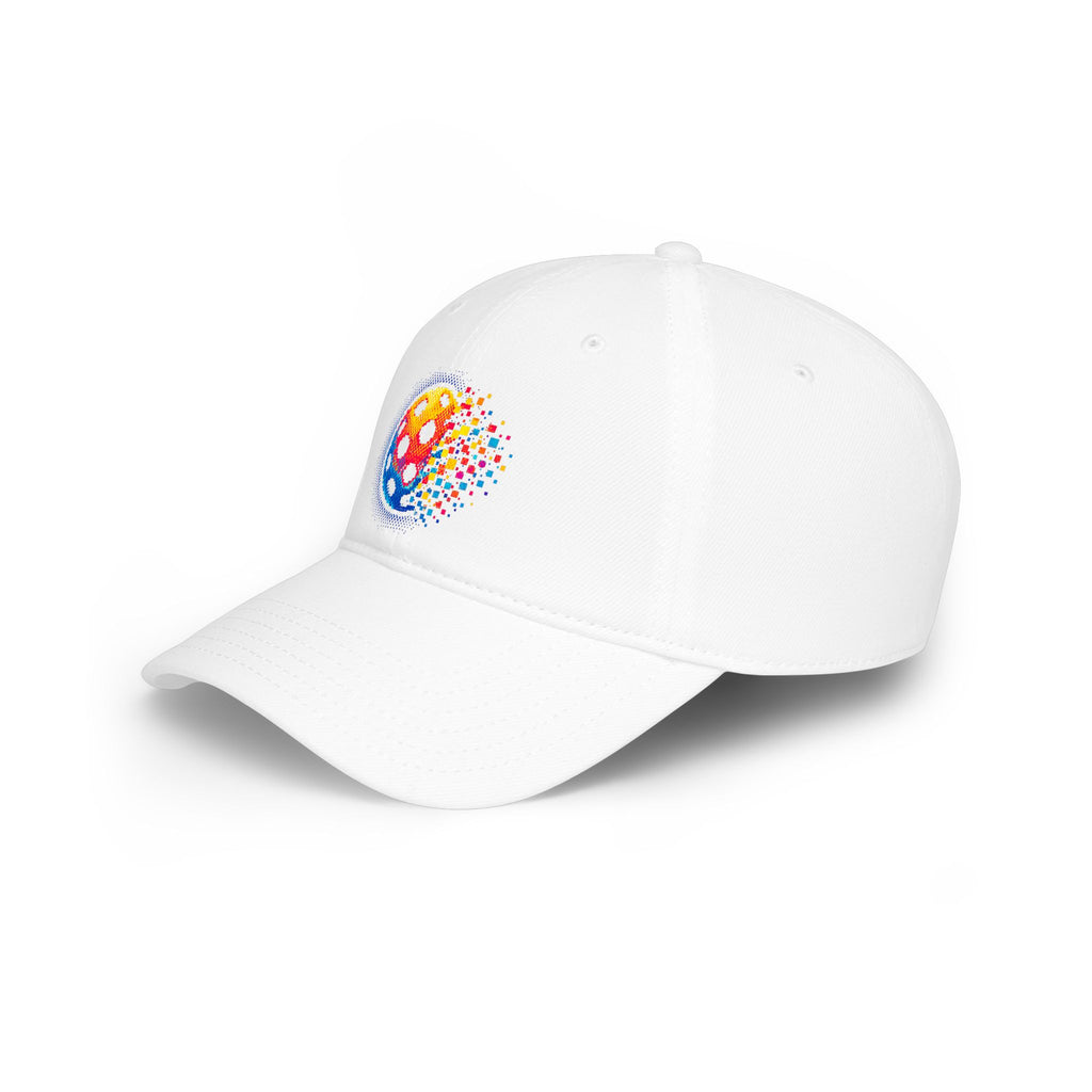 Pixelated Pickleball Cap, low profile cotton baseball hat by Printify, featuring a colorful pixelated pickleball design.