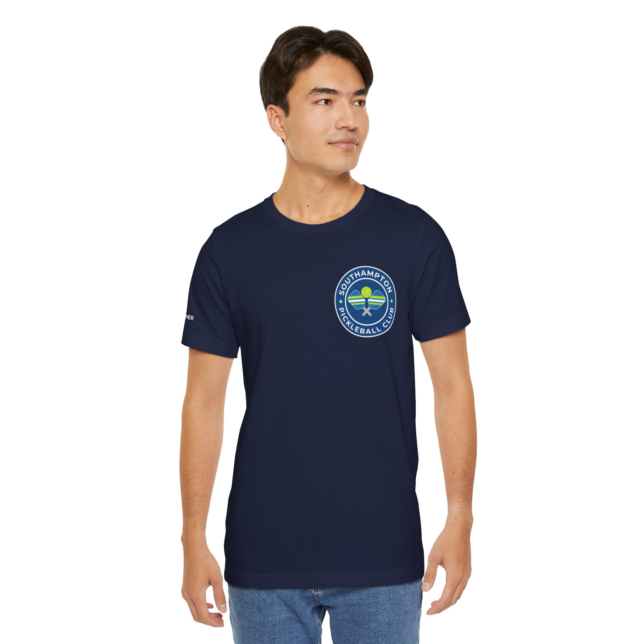 Personalized Pickleball T-shirt by Printify with custom name sleeve and club logo on the back, featuring a pickleball graphic in the center.