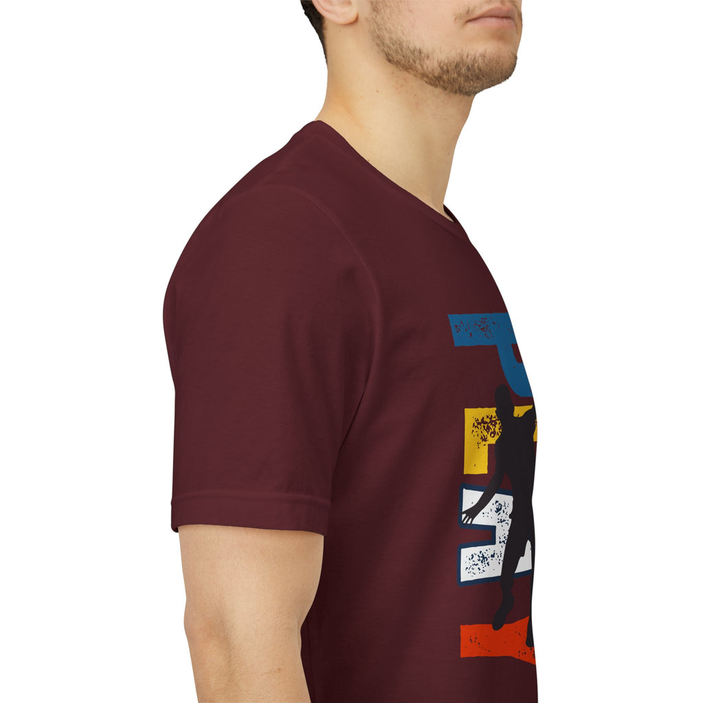 Men's Retro Pickleball Action T-Shirt with front silhouette and vertical 'PICKLEBALL' text on the back, by Printify.
