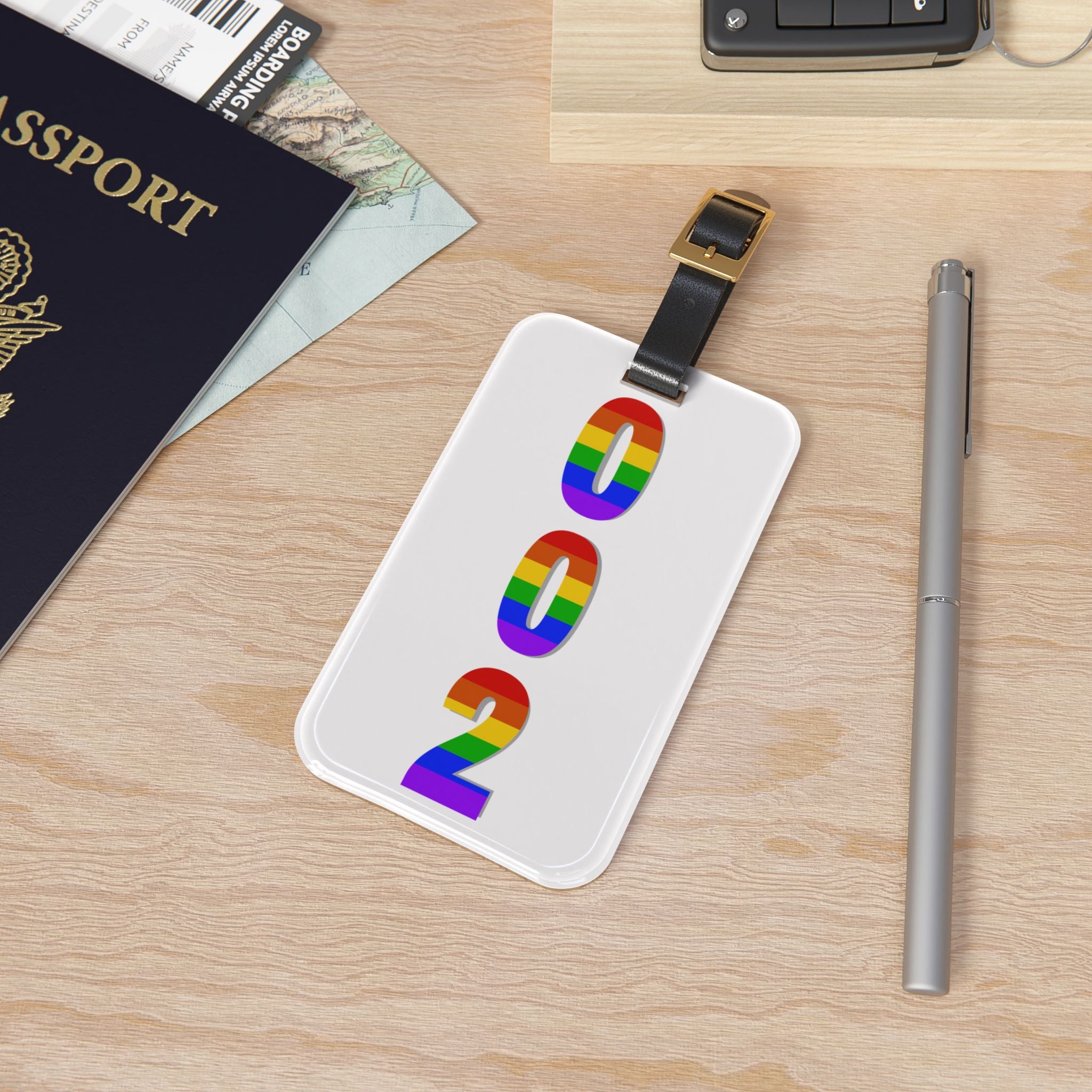 002 Pride Collection Pickleball Luggage Tag | White with Rainbow Numbers | Black Leather Strap with Buckle | 4 X 2.4 inches