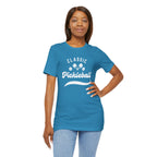 White Classic Pickleball T-shirt with "Pickleball" script design, made by Printify, featuring a comfortable fit and casual style.