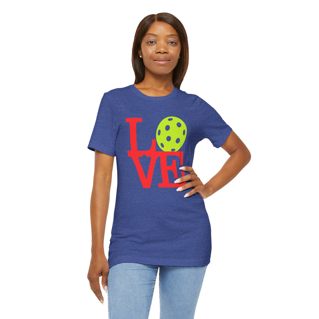 Neon pop art Printify Pickleball LOVE T-Shirt featuring bold graphic design and vibrant colors on a premium cotton tee.