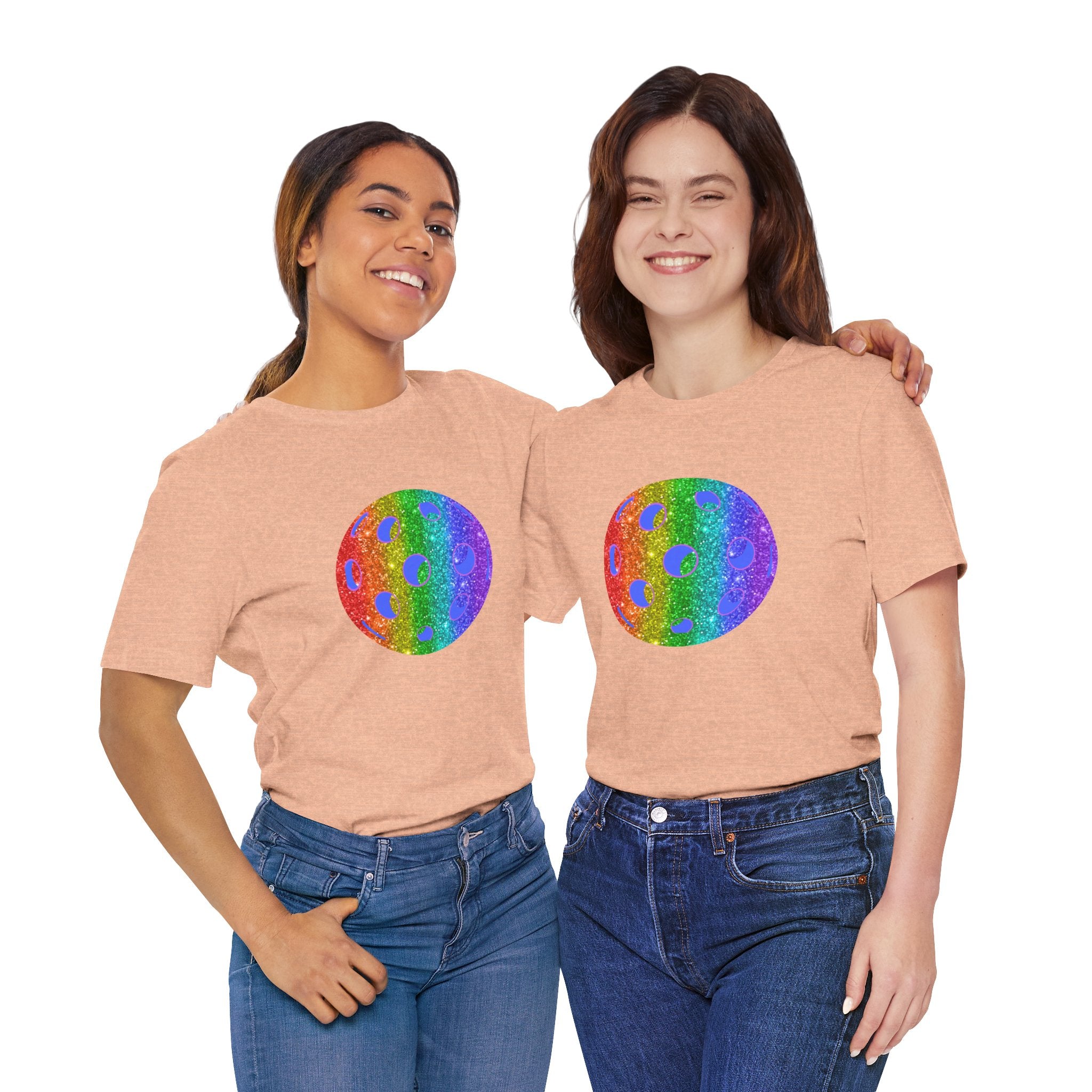 Rainbow glitter pickleball pride T-shirt featuring the Sparkle Loud and Proud Pickleball logo on a colorful, eye-catching tee.