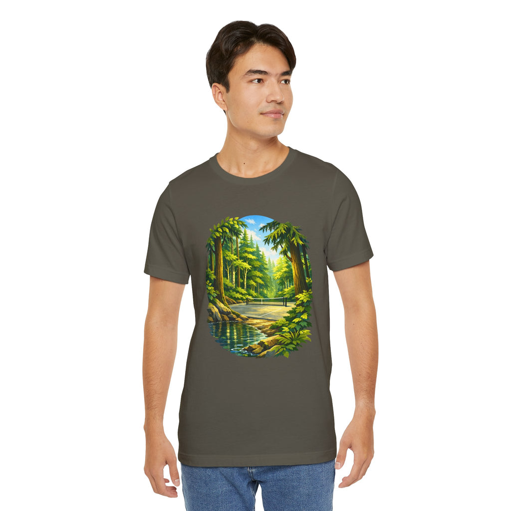 Unisex Hidden Forest Pickleball T-Shirt with Bainbridge Island tribute design, printed by Printify, featuring natural forest imagery.