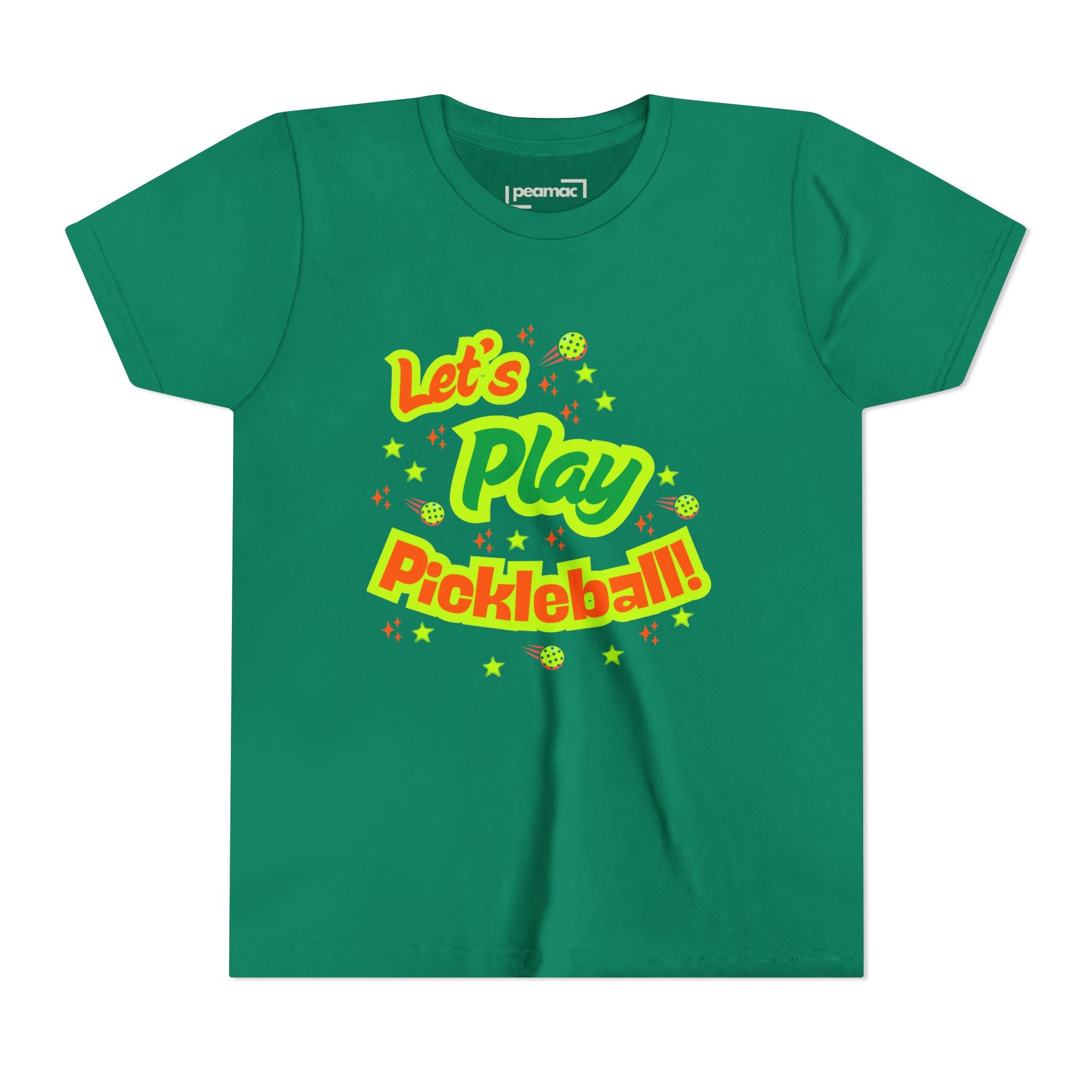 Youth neon pickleball graphic T-shirt for kids, featuring colorful "Let's Play Pickleball!" design on comfortable kids' apparel.