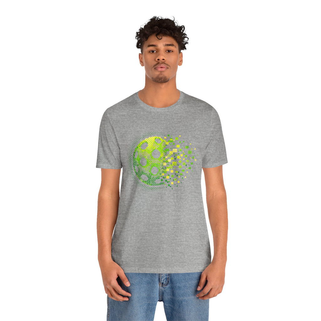 Green Pixelated Pickleball Tee featuring retro court graphic, casual T-shirt by Printify, showcasing vibrant pickleball design.