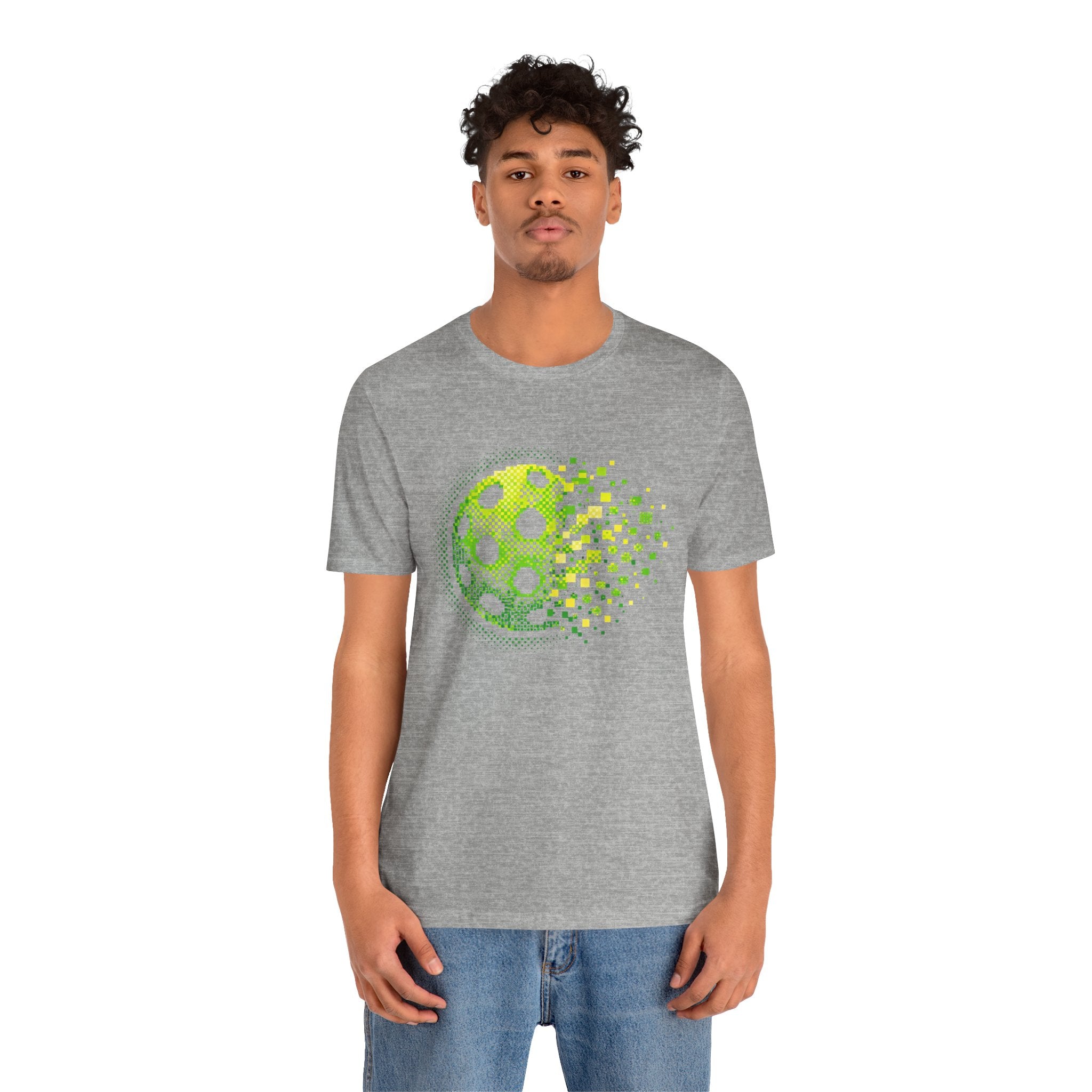 Green Pixelated Pickleball Tee featuring retro court graphic, casual T-shirt by Printify, showcasing vibrant pickleball design.