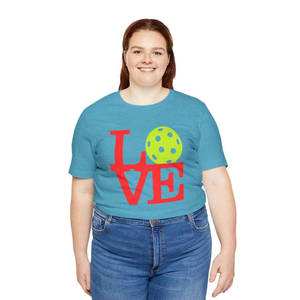 Bright neon pop art pickleball LOVE T-shirt by Printify, featuring bold colorful design on a premium casual T-shirt.