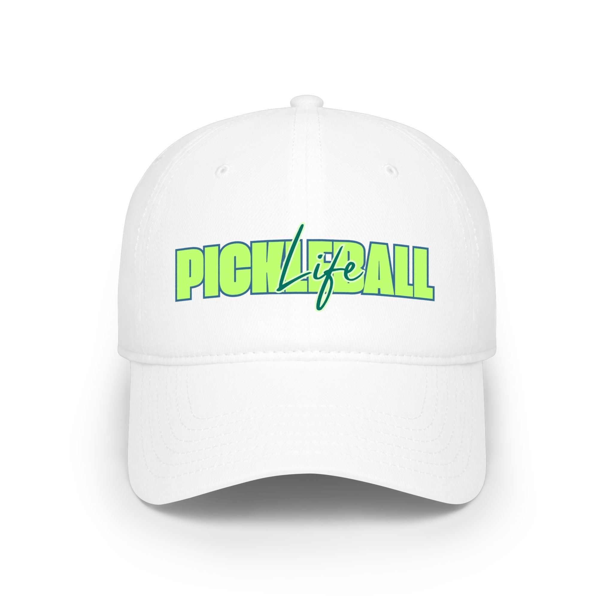 Green and blue script on a low profile pickleball life baseball cap by Printify, showcasing stylish casual headwear.