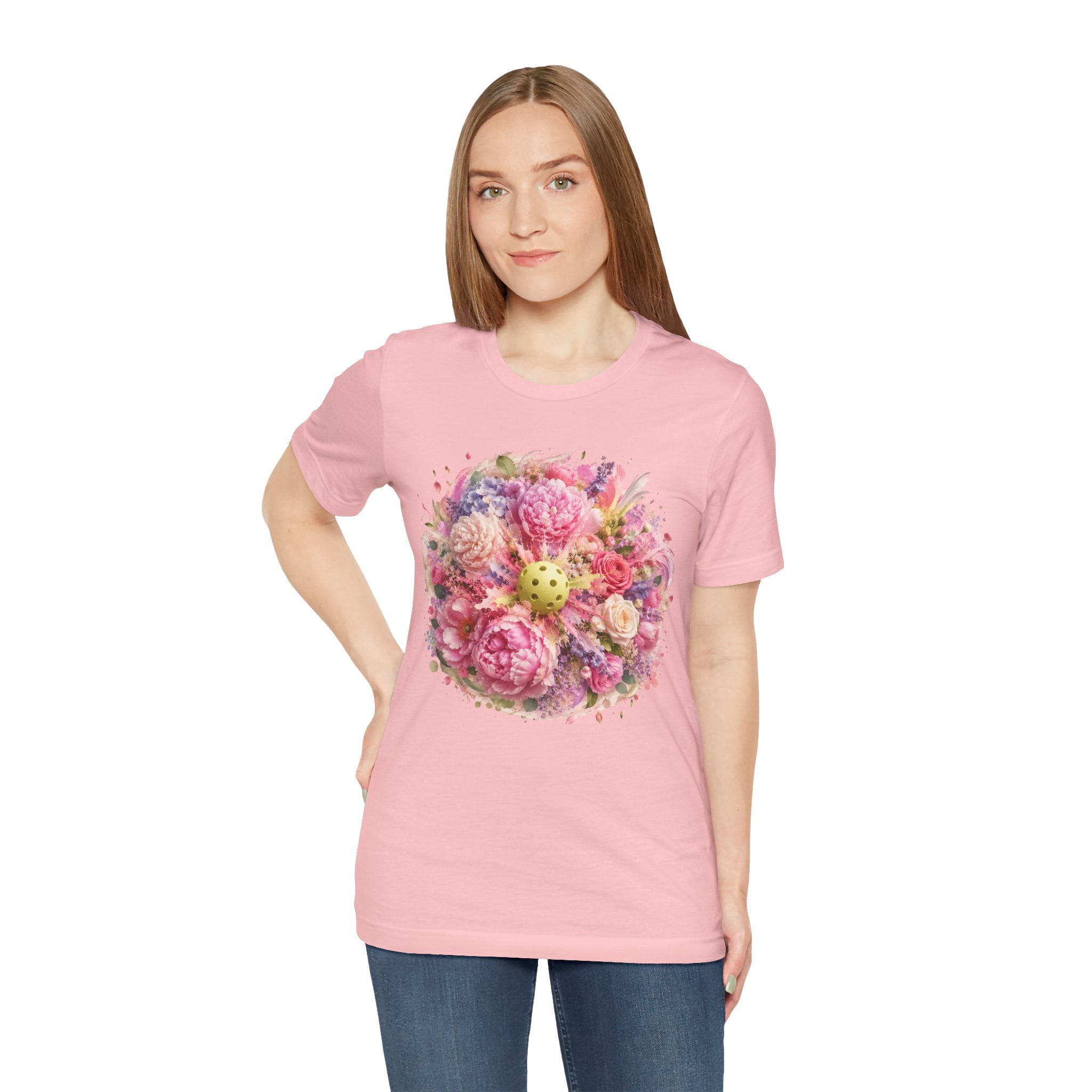 Peony Pickleball Tee, premium cotton unisex T-shirt featuring a colorful pickleball design on a white background.