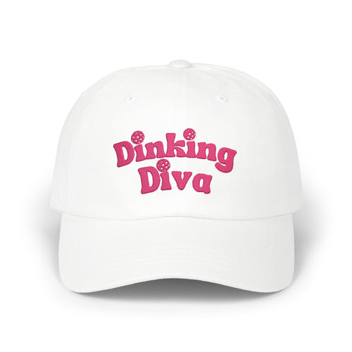 Embroidered Dinking Diva pickleball hat with leather and brass closure, stylish cap for pickleball players and fans.