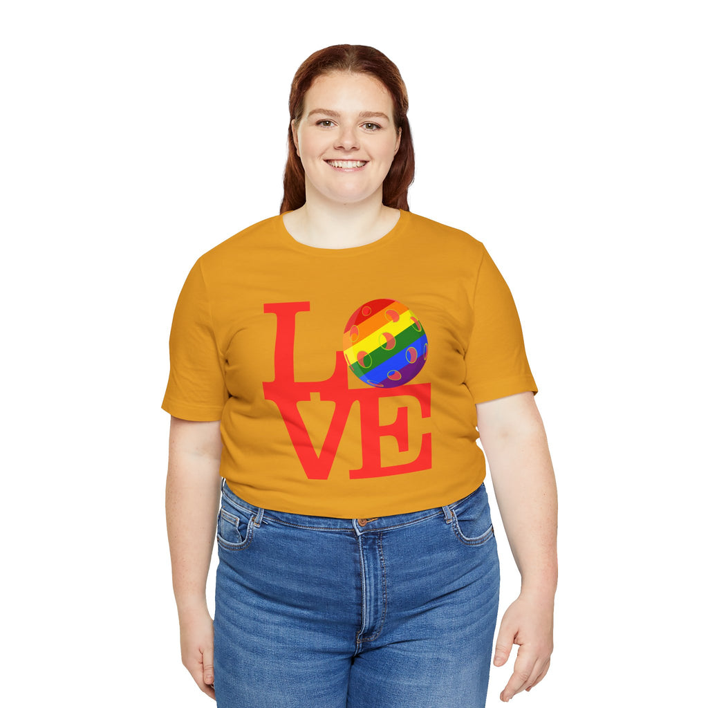 Rainbow LGBTQ2 pride T-shirt featuring the LOVE Pickleball design, colorful print on a comfortable casual tee.