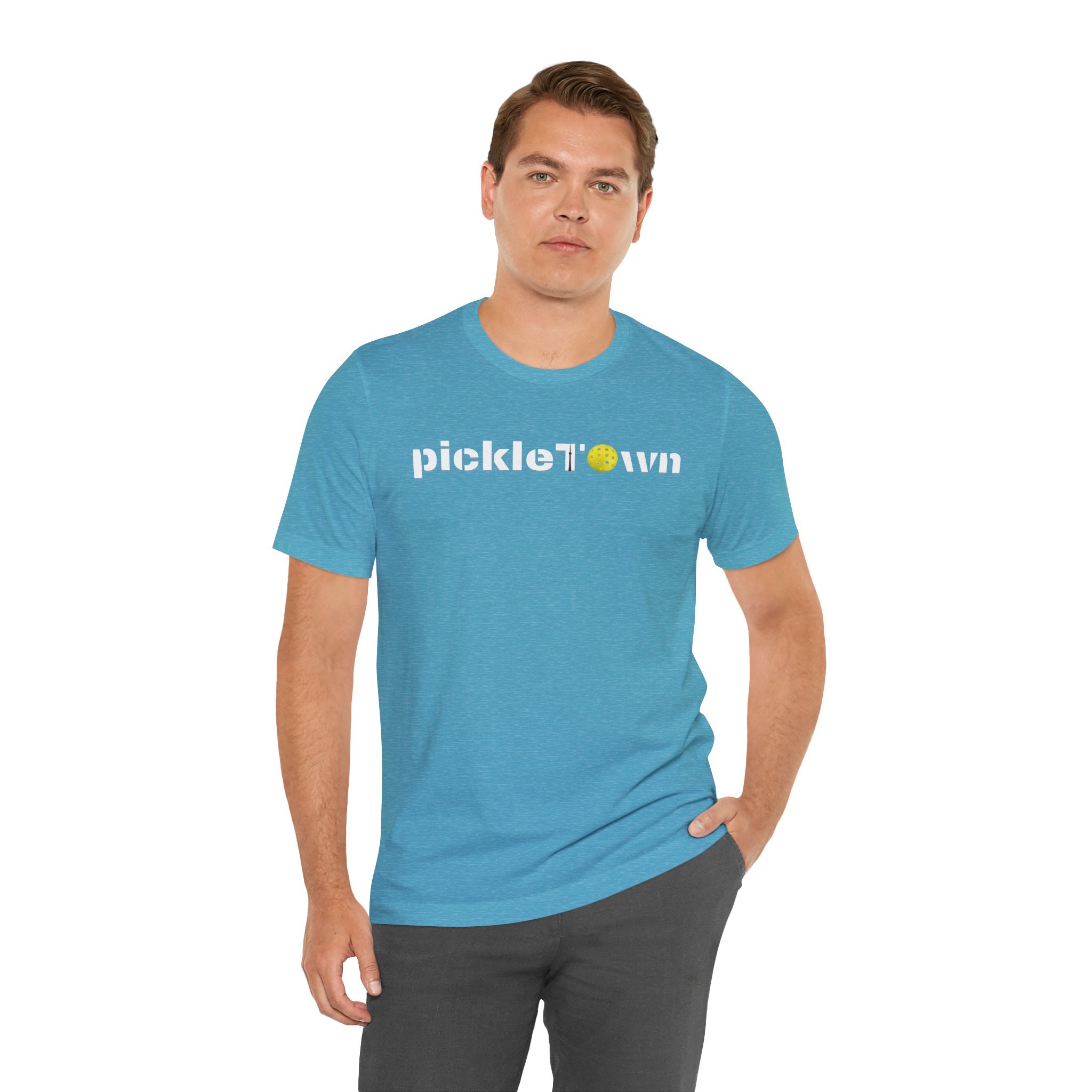 Toronto PickleTOwn T-Shirt featuring CN Tower and pickleball design, comfortable cotton fabric, vibrant city-inspired graphic.
