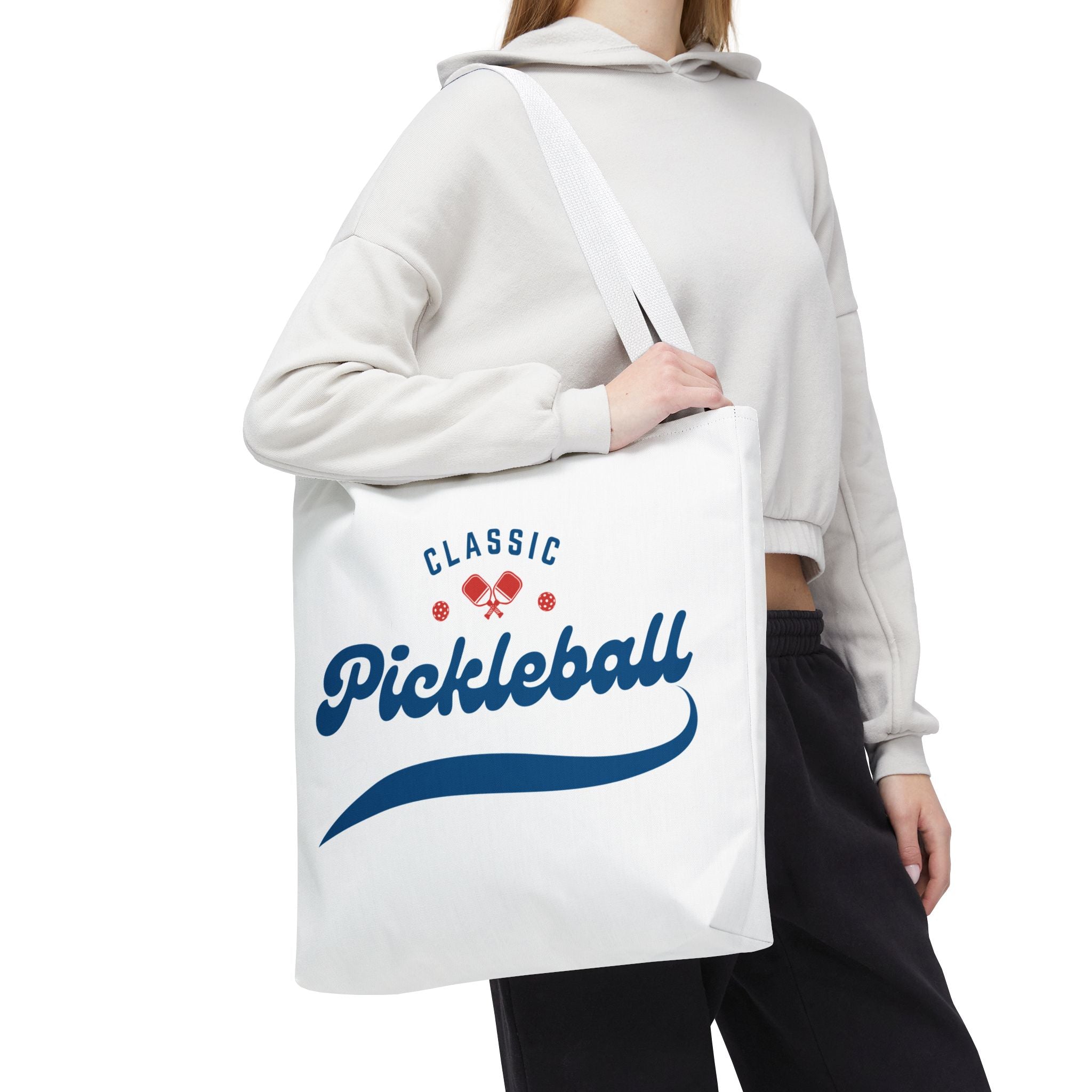 Printify Pickleball tote bag in red and blue, large 18x18-inch rugged shoulder bag for gear and storage.