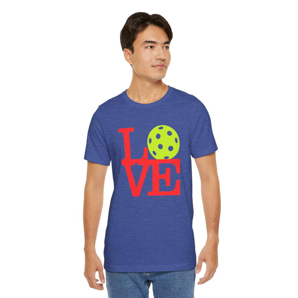 Neon pop art Pickleball LOVE T-shirt by Printify featuring vibrant graphic design on a premium cotton tee.