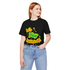 Neon orange and electric green pickleball rally T-shirt with court graphic from Printify, casual athletic style.