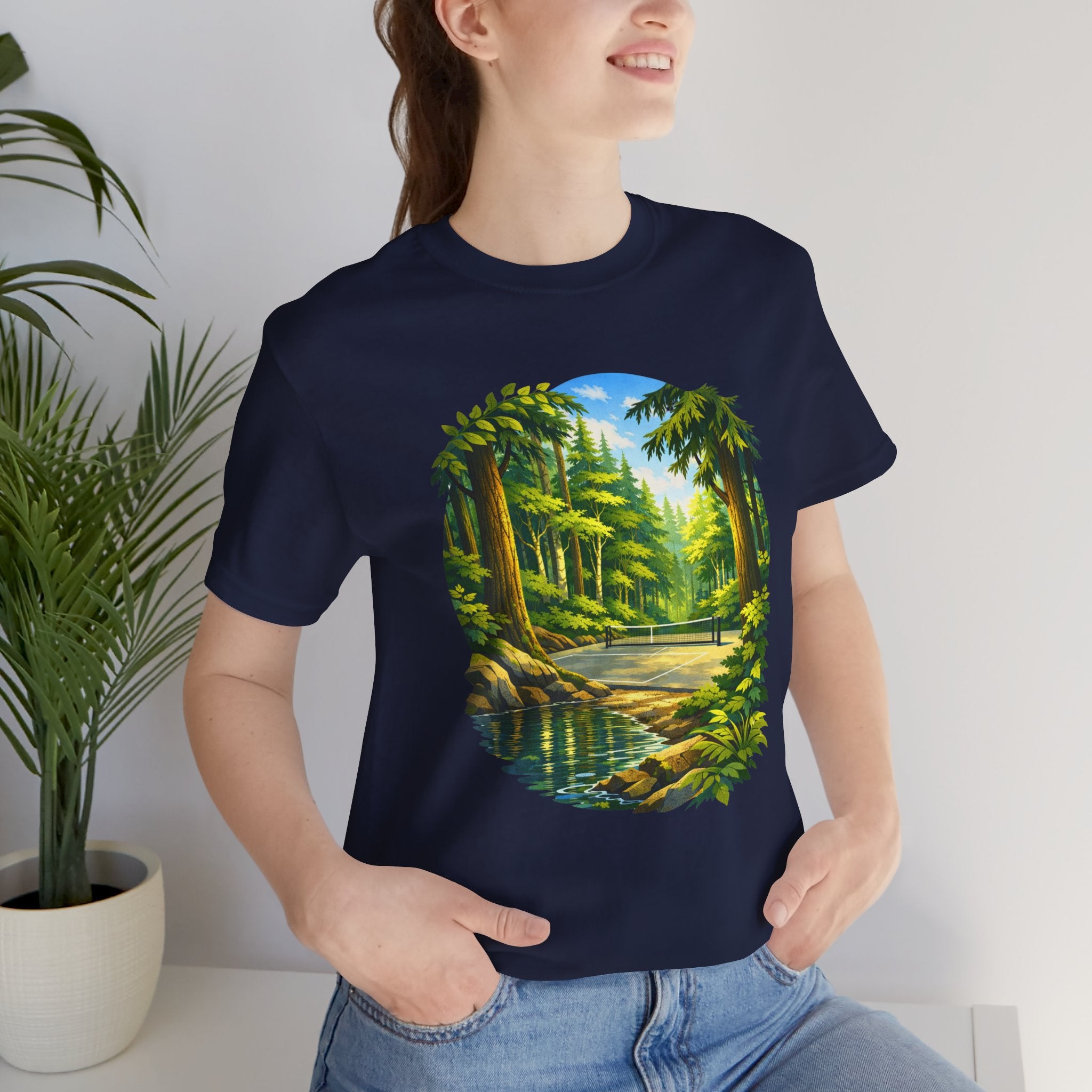 Unisex Hidden Forest Pickleball T-Shirt with Bainbridge Island tribute design, printed by Printify, showcasing the graphic on the front.