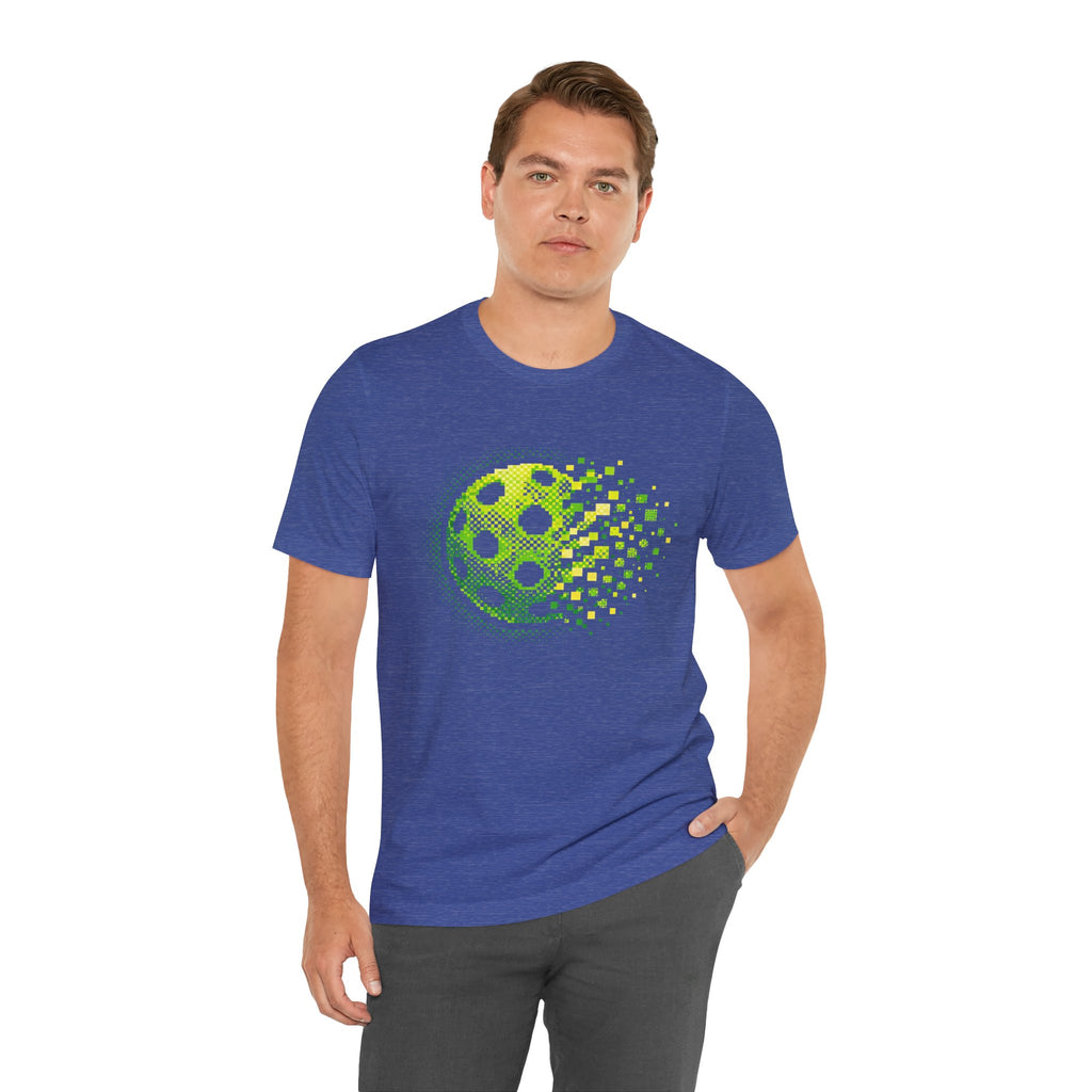 Green Pixelated Pickleball Tee with retro court graphic, casual unisex T-shirt by Printify, perfect for pickleball enthusiasts.