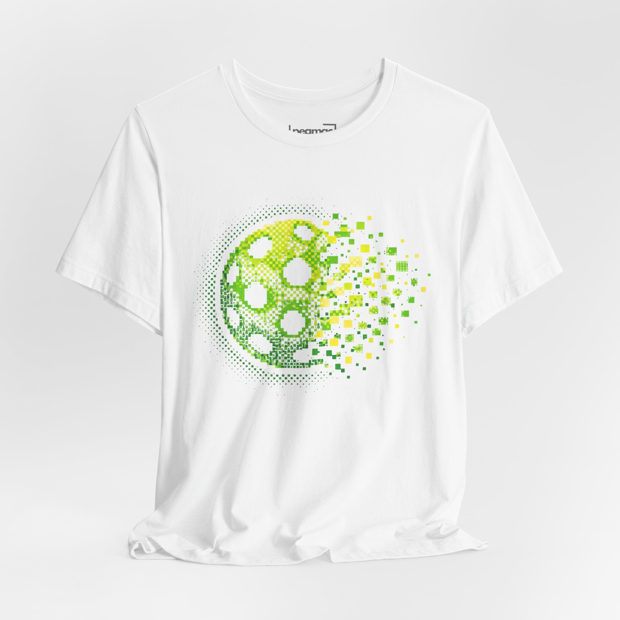 Pixelated Pickleball Tee featuring retro court graphic in green, casual T-shirt by Printify with vibrant pickleball design.