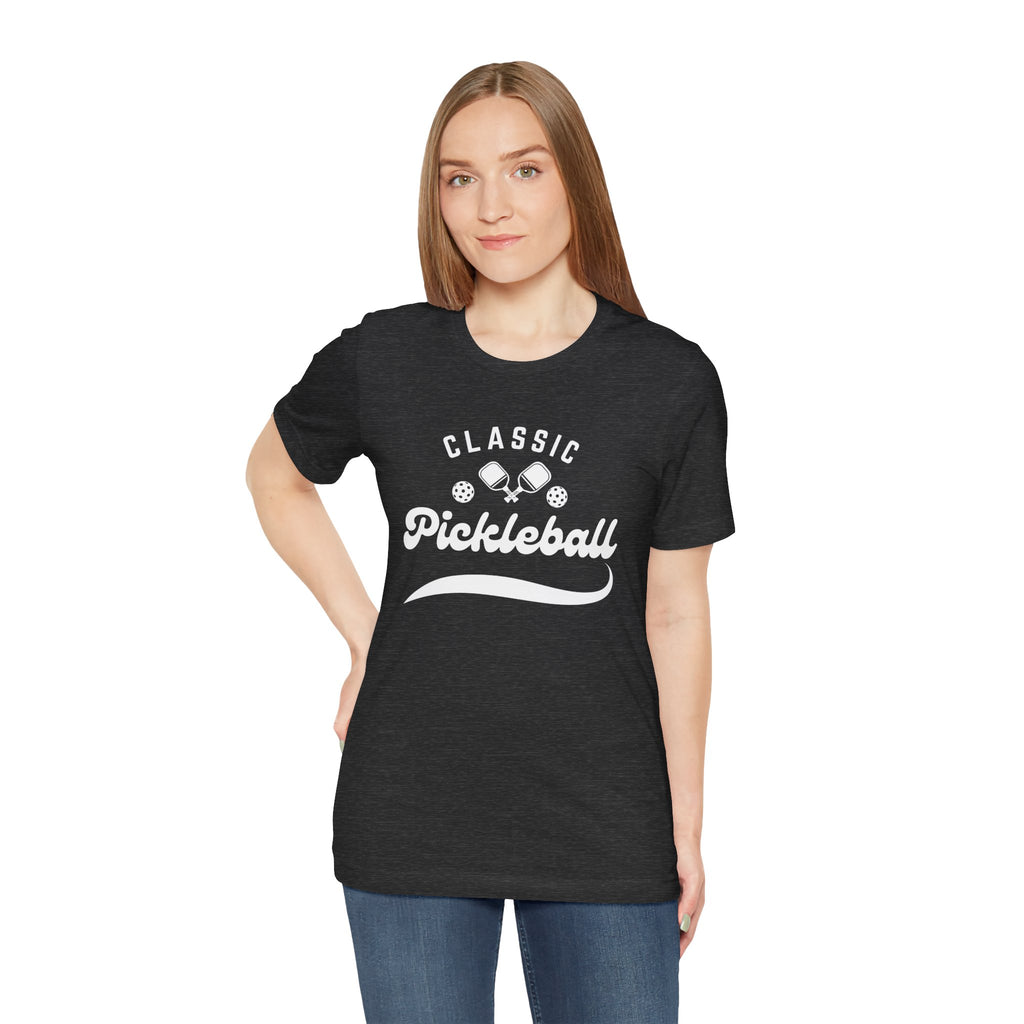 Classic pickleball T-shirt with "Pickleball" script design, comfortable cotton fabric, suitable for casual wear and pickleball players.