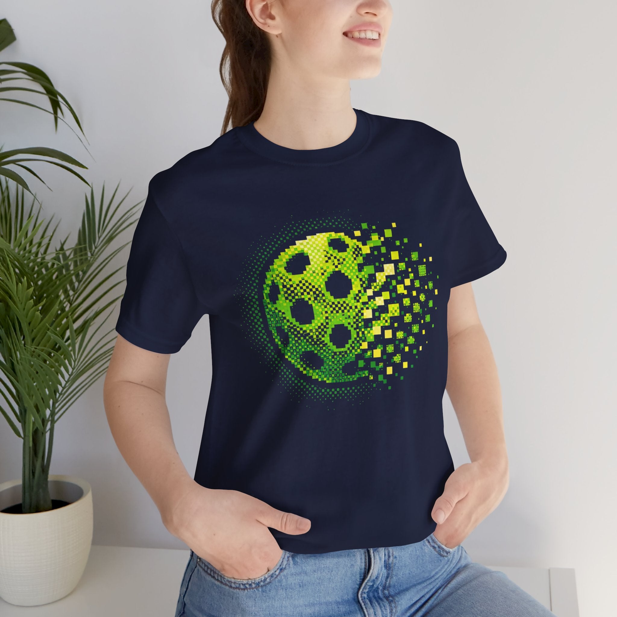 Green Pixelated Pickleball Tee featuring retro court graphic, casual T-shirt by Printify with vibrant pickleball design.