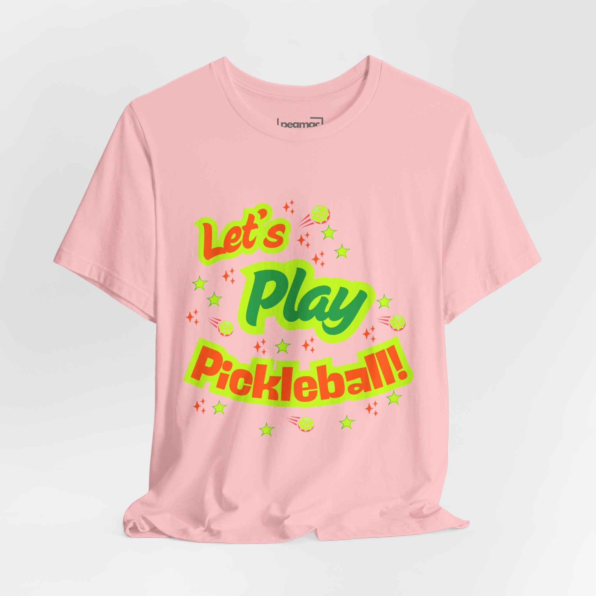 Neon orange and electric green Pickleball Rally T-Shirt with court graphic design by Printify, casual athletic wear.