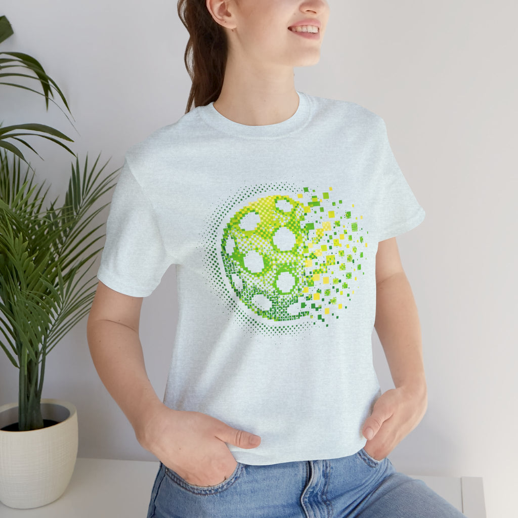 Green Pixelated Pickleball Tee with retro court graphic, casual pickleball T-shirt by Printify, vibrant and comfortable.