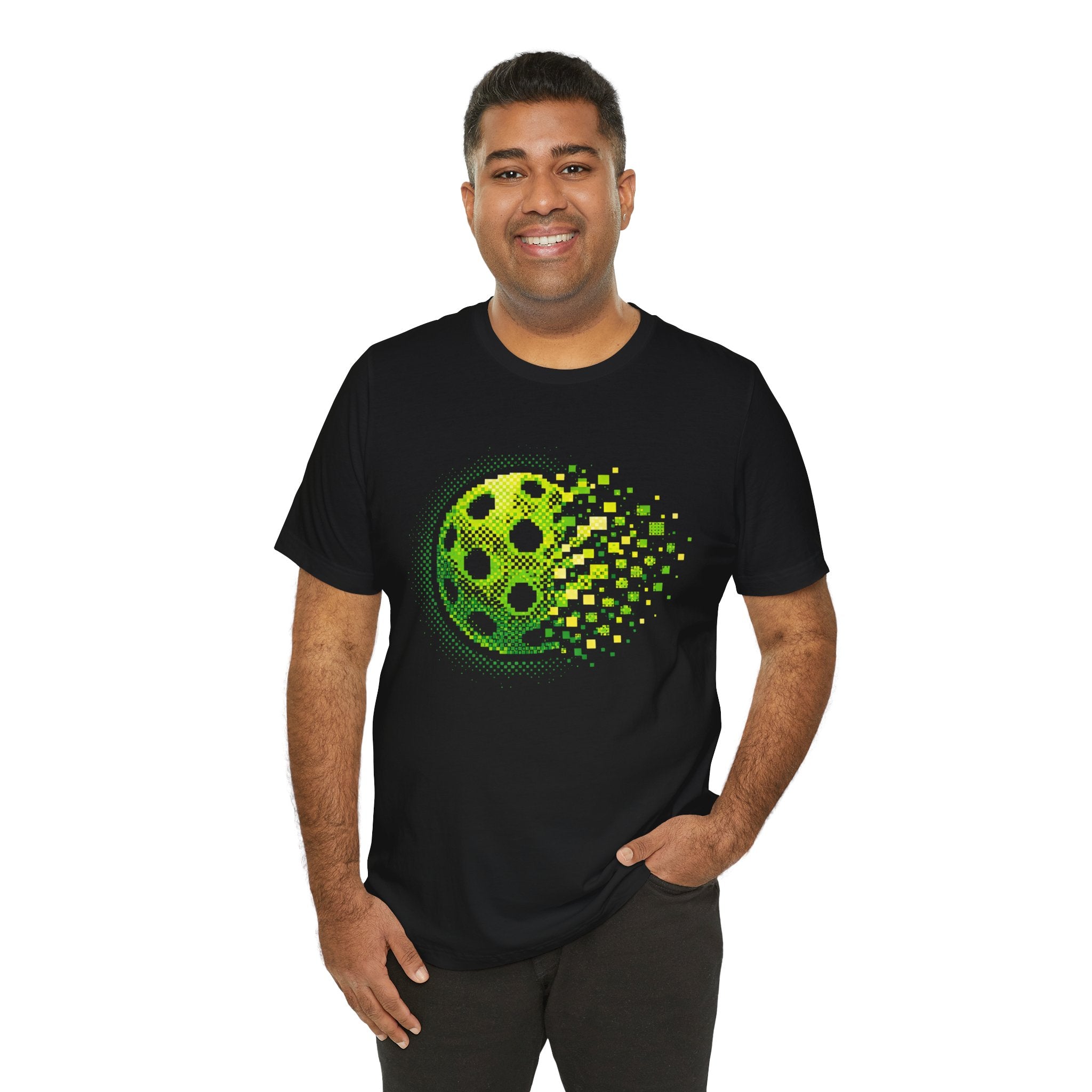 Green Pixelated Pickleball Tee with retro court graphic, casual T-shirt by Printify for pickleball enthusiasts.