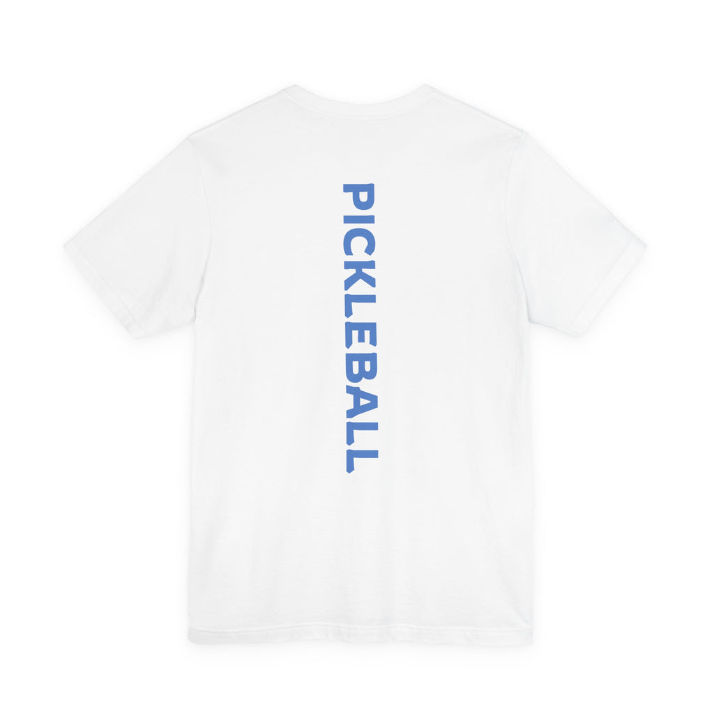 Women's retro-inspired pickleball T-shirt with a vertical "PICKLEBALL" back print, by Printify.