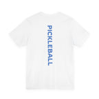 Women's retro-inspired pickleball T-shirt with vertical 'PICKLEBALL' back print, casual athletic wear by Printify.
