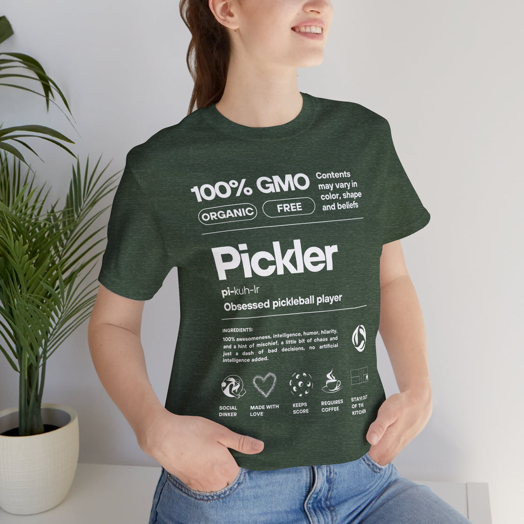 Women's Pickler Funny Definitions T-Shirt featuring white text, lightweight activewear, ideal for pickleball enthusiasts by Printify.