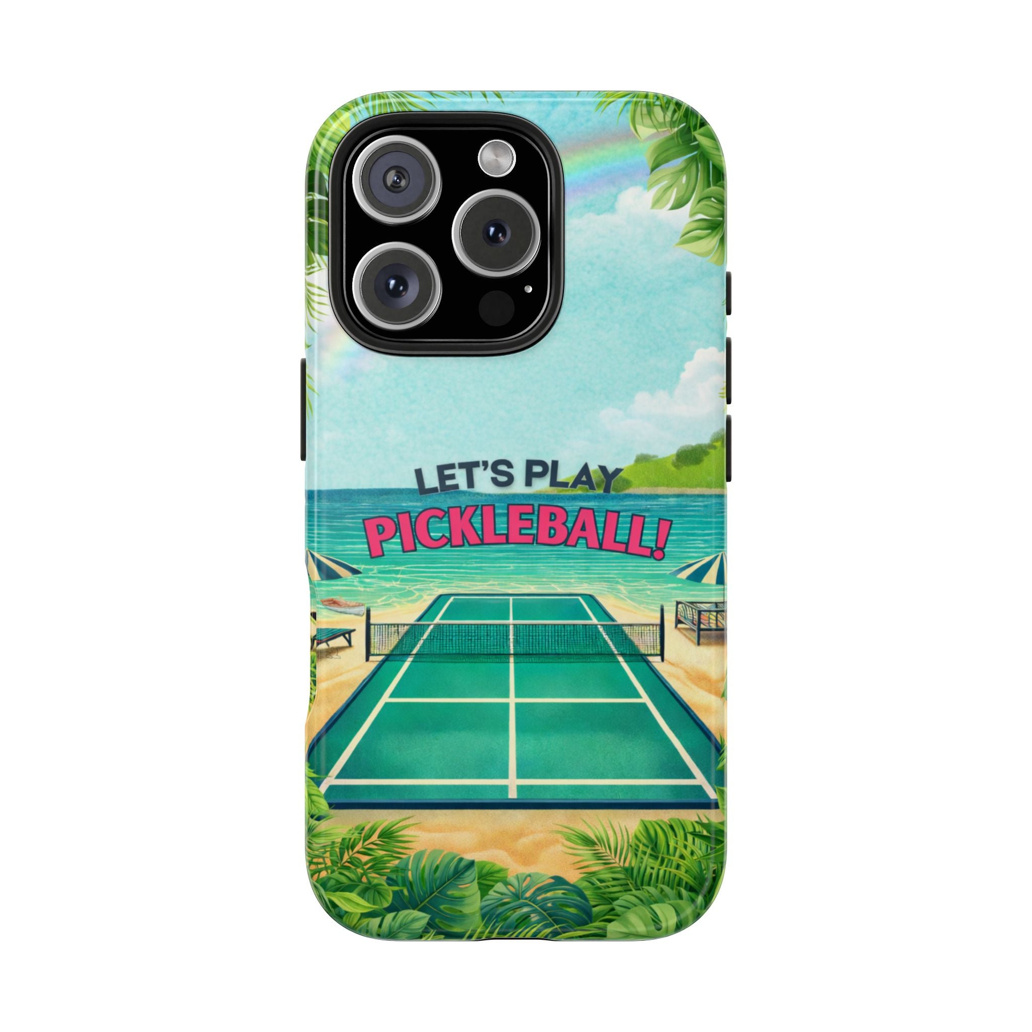Let's Play Pickleball! Tropical Tough Phone Case | Supports Wireless Charging | Compatible with iPhone and Samsung smartphones