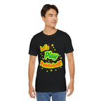 Neon orange and electric green pickleball rally t-shirt with court graphic, casual printify brand tee for active sportswear.