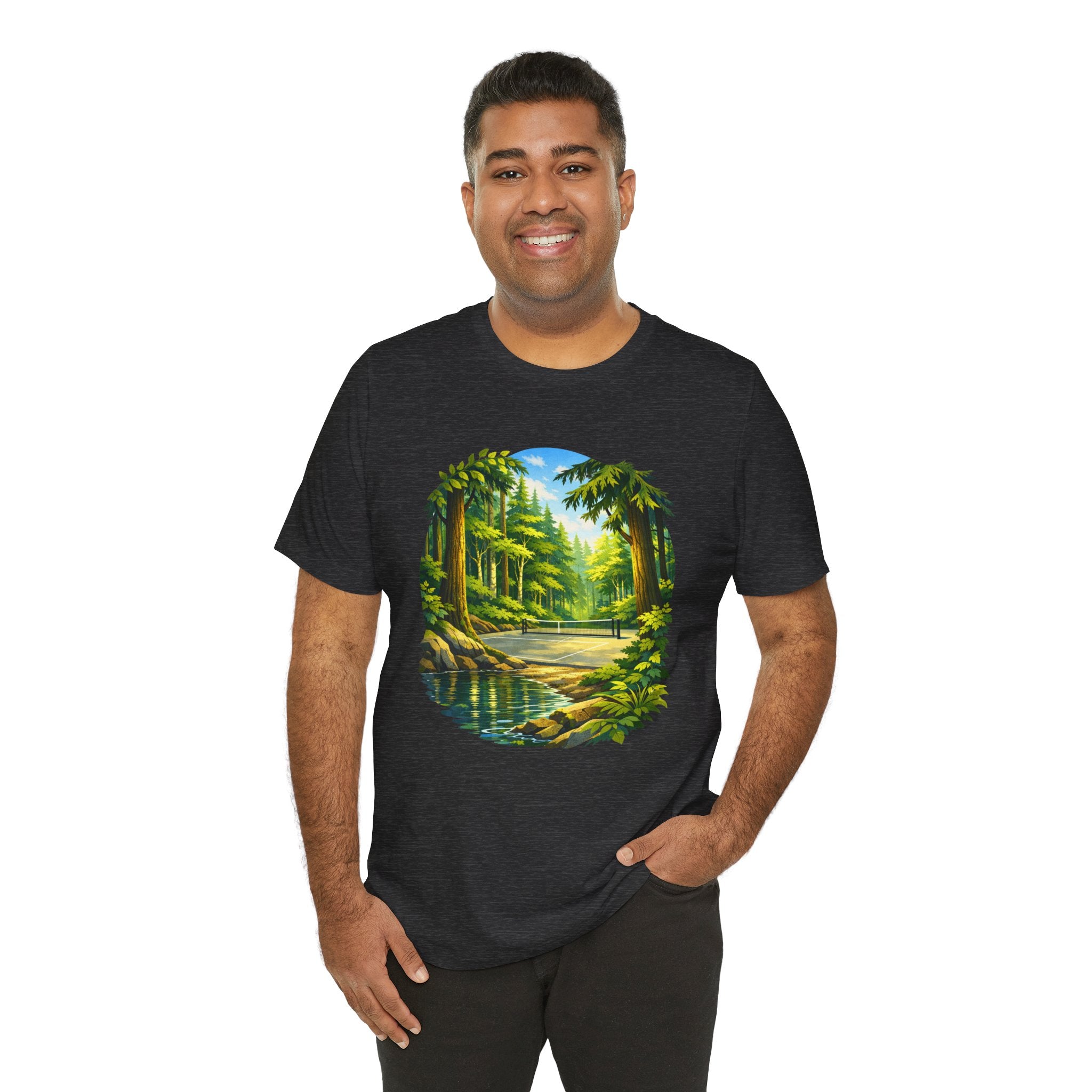 Unisex Hidden Forest Pickleball T-Shirt featuring Bainbridge Island tribute design, in black with forest-themed graphics.