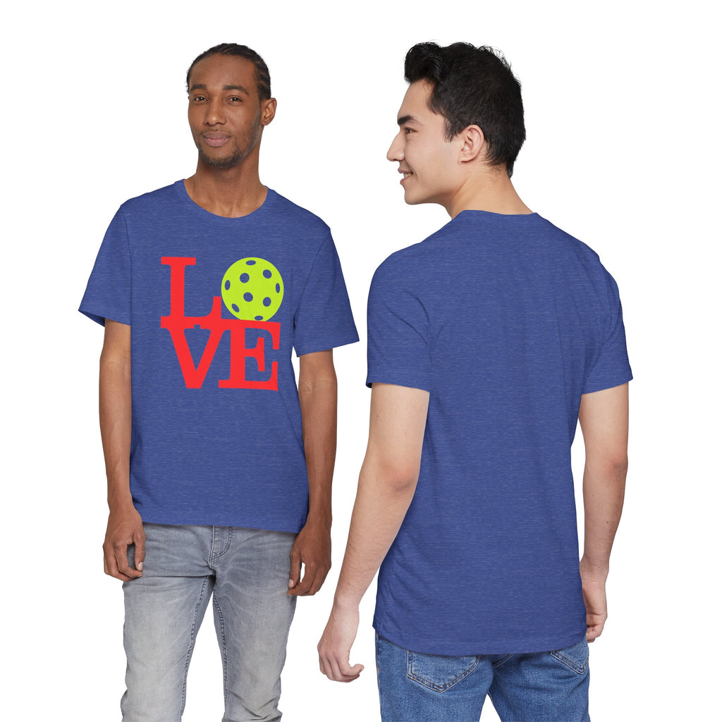 Love Pickleball neon pop art T-shirt by Printify, featuring colorful pickleball design on a premium cotton T-shirt.