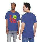 Love Pickleball neon pop art T-shirt by Printify, featuring colorful pickleball design on a premium cotton T-shirt.