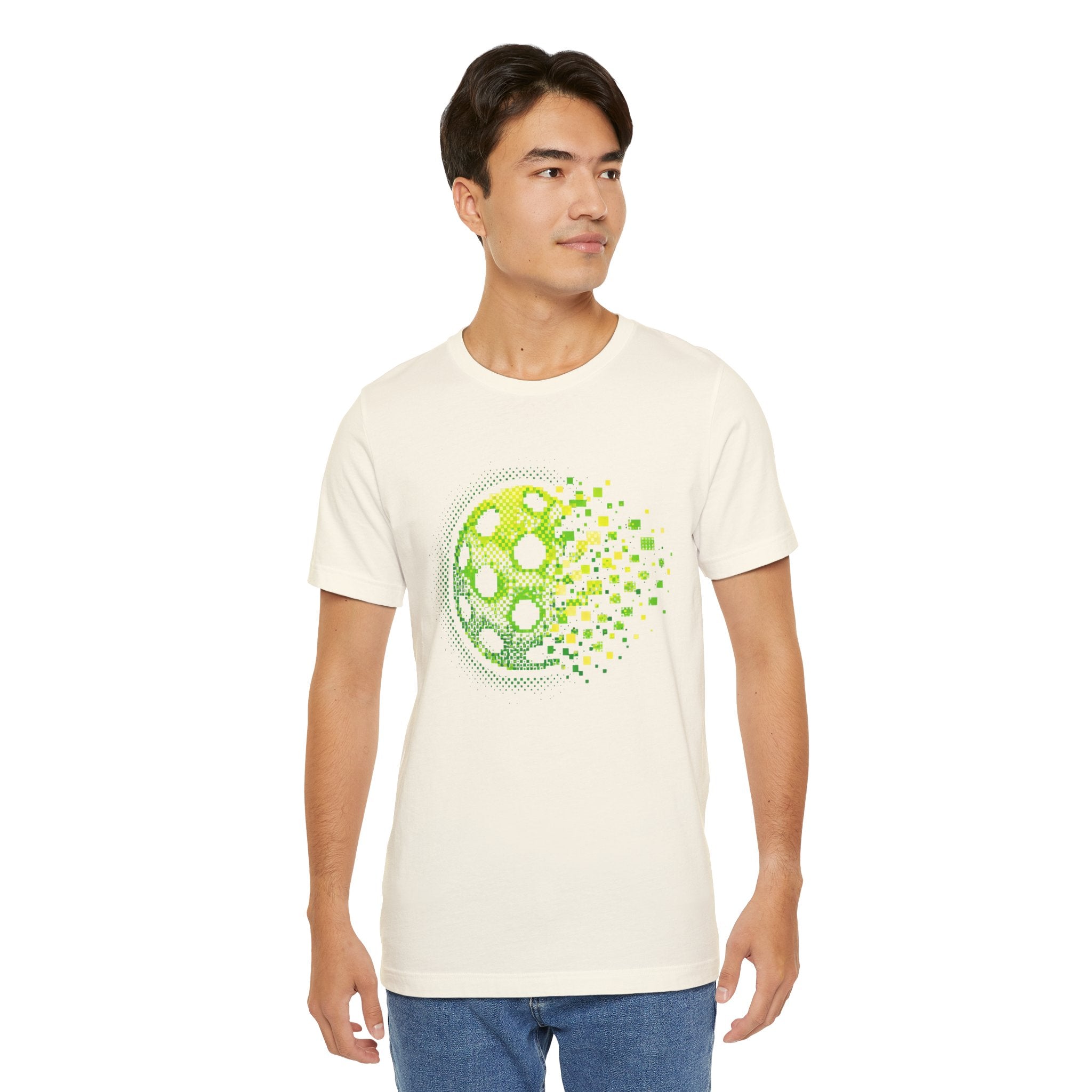 Green pixelated pickleball tee featuring retro court graphic, casual printify T-shirt ideal for pickleball enthusiasts