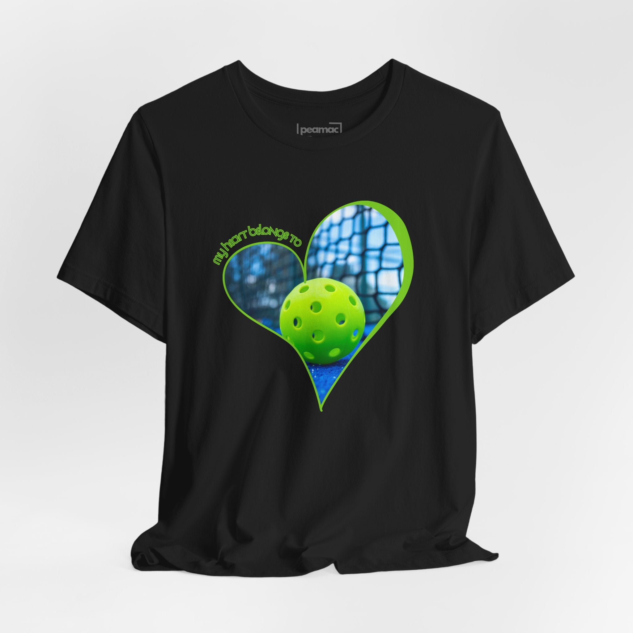 White Pickleball T-shirt featuring "My Heart Belongs to Pickleball" slogan, designed for players and fans, by Printify.