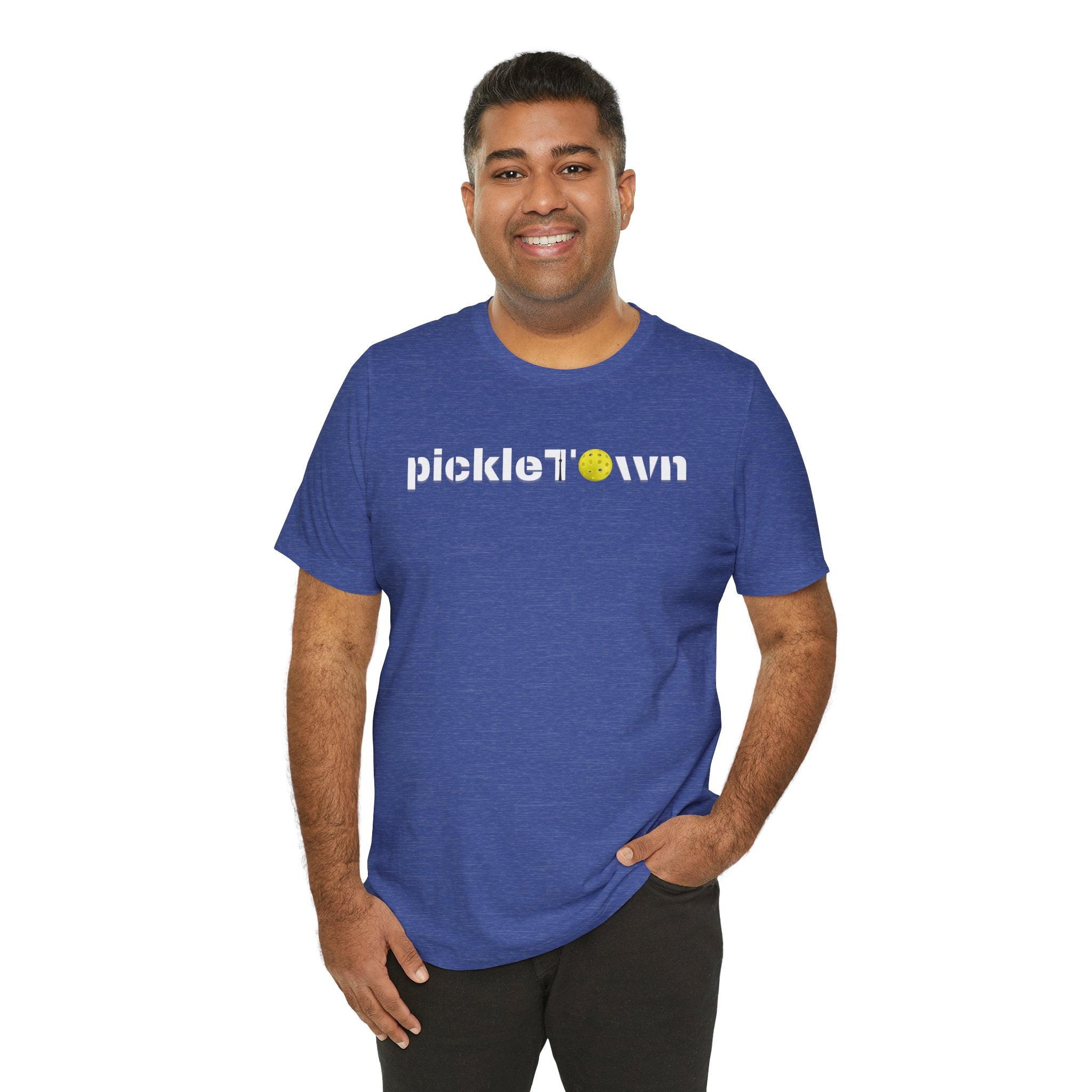 Toronto PickleTOwn T-Shirt featuring the CN Tower and Pickleball 'O' logo, casual graphic tee from Printify.
