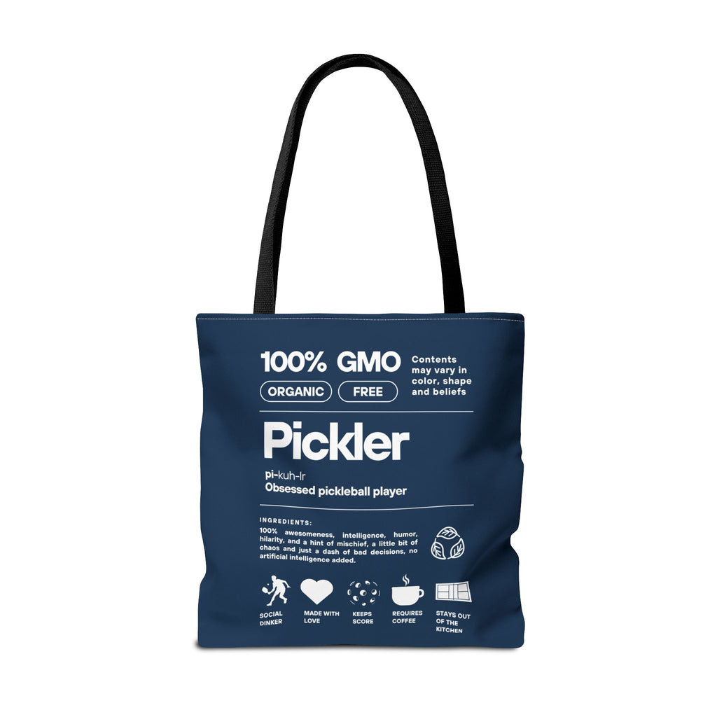 Large navy pickleball tote bag with humorous male "Pickler" design, ideal for carrying pickleball gear and accessories.