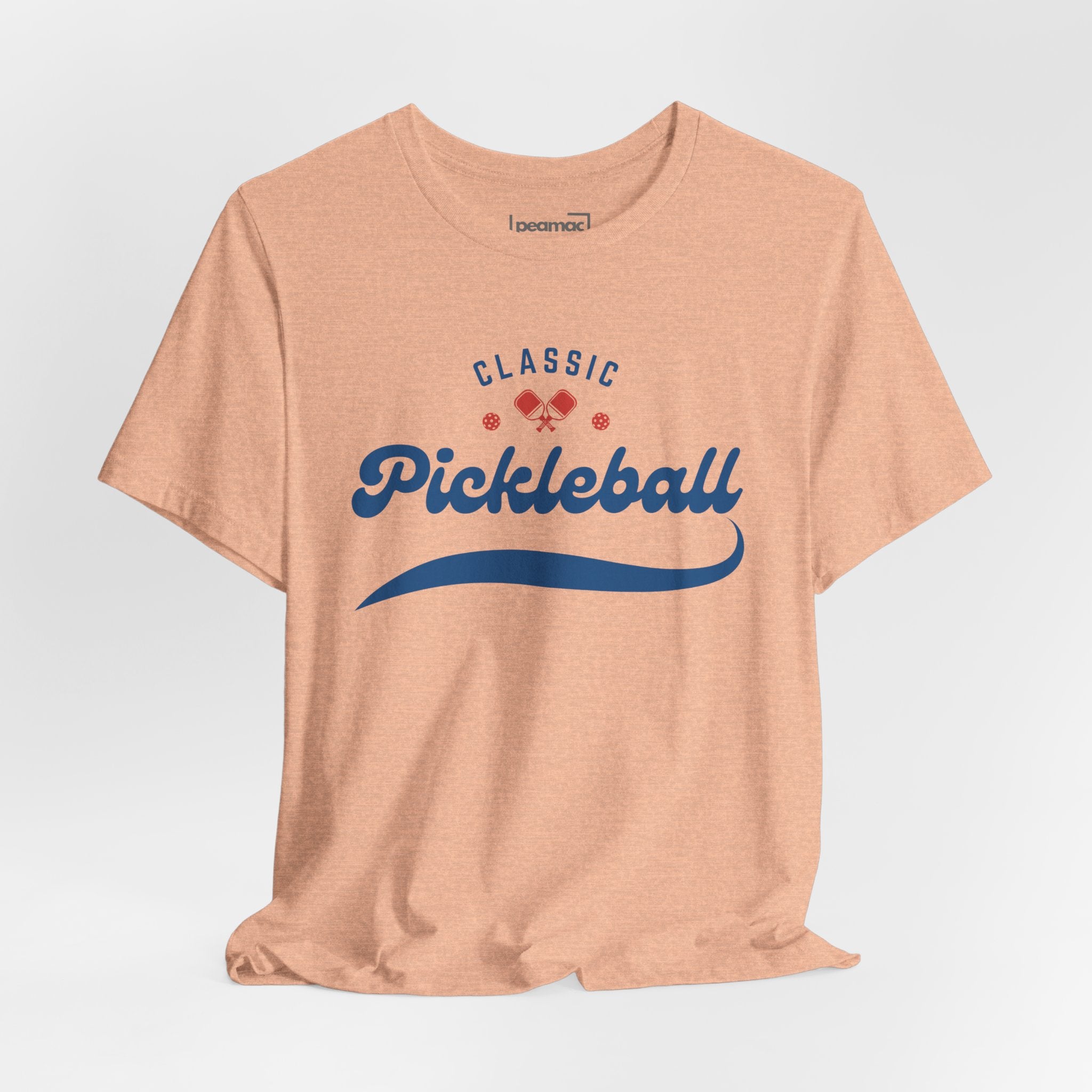 Red and blue pickleball script tee featuring paddle and ball design, casual unisex t-shirt by Printify.