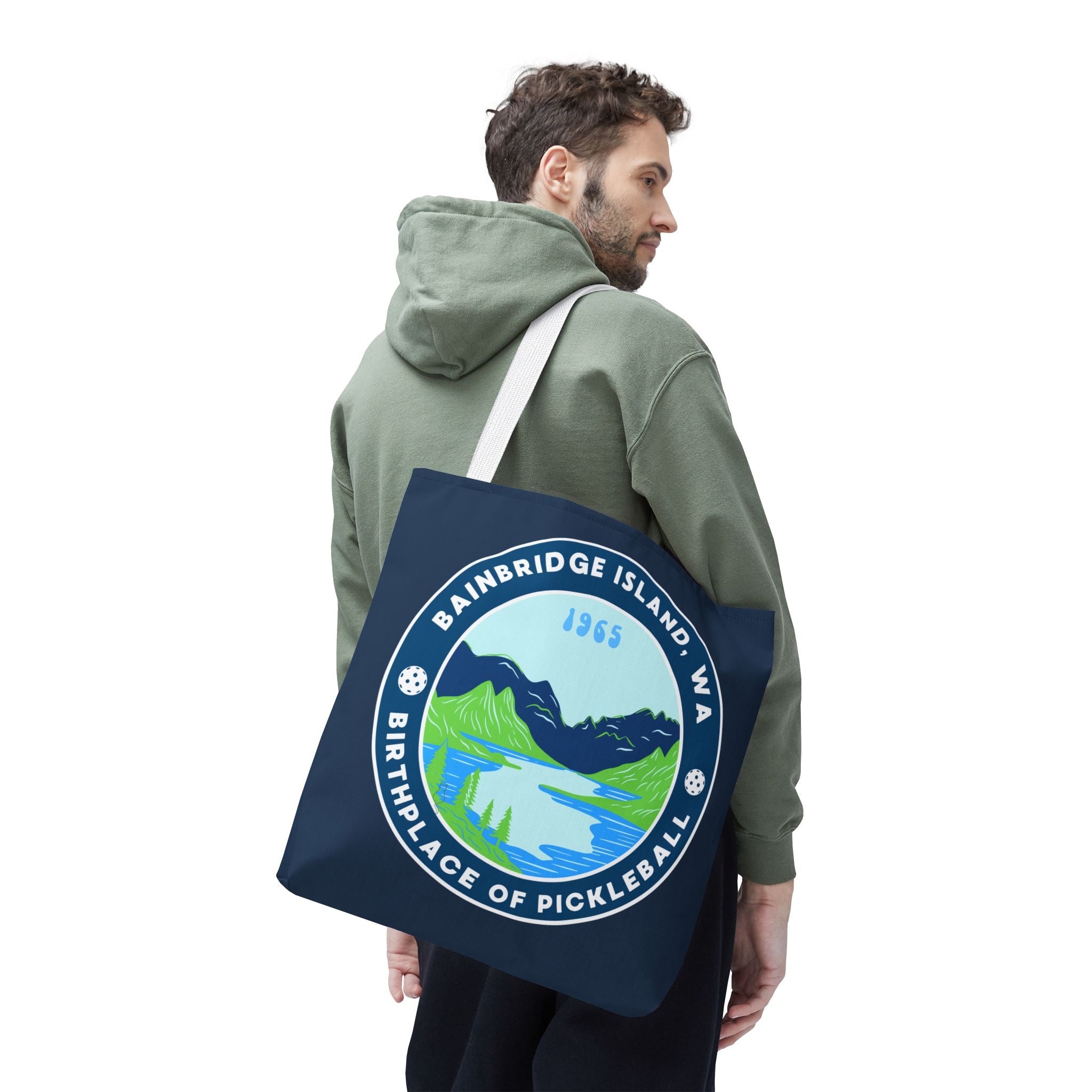 Large Pickleball tote bag from Printify, featuring Bainbridge Island WA, the birthplace of pickleball, with various gear compartments.