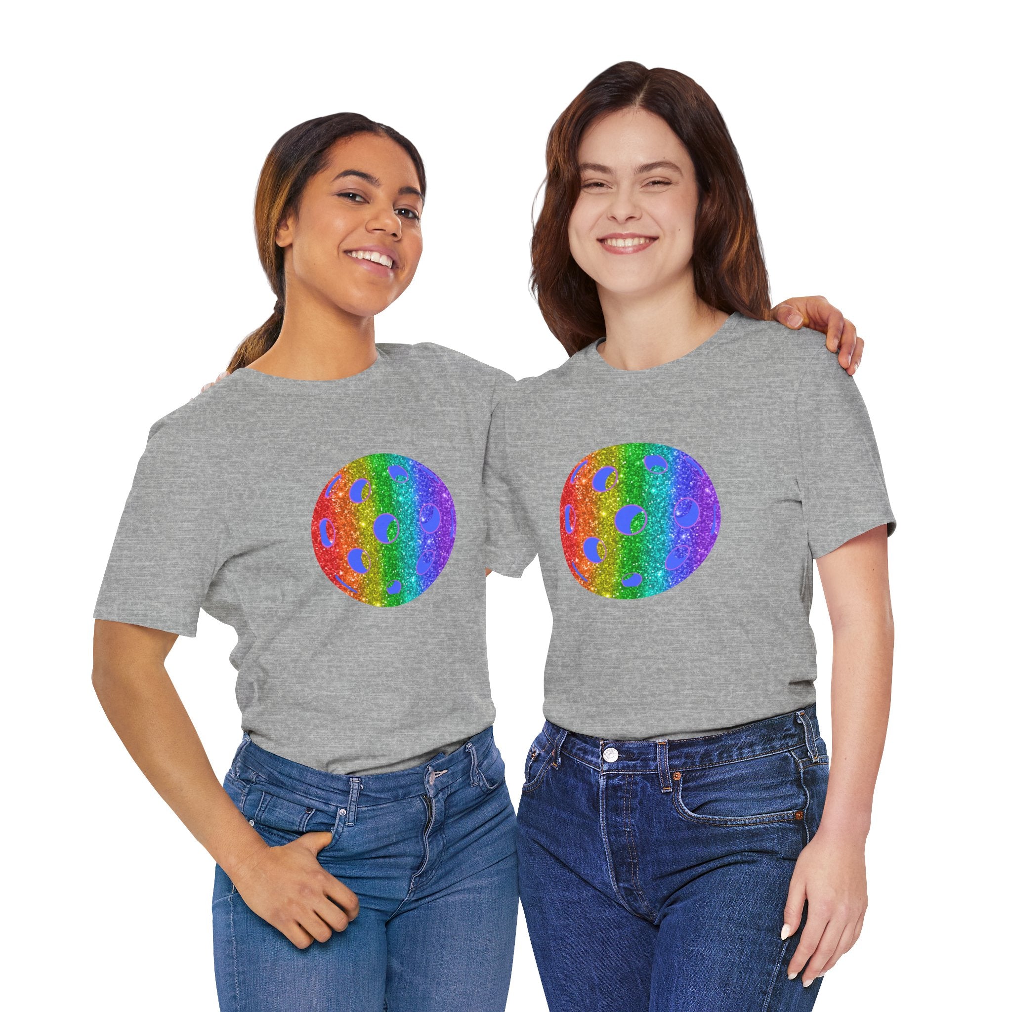 Rainbow glitter pickleball pride T-shirt featuring the Sparkle Loud and Proud Pickleball Pride design on a colorful tee.