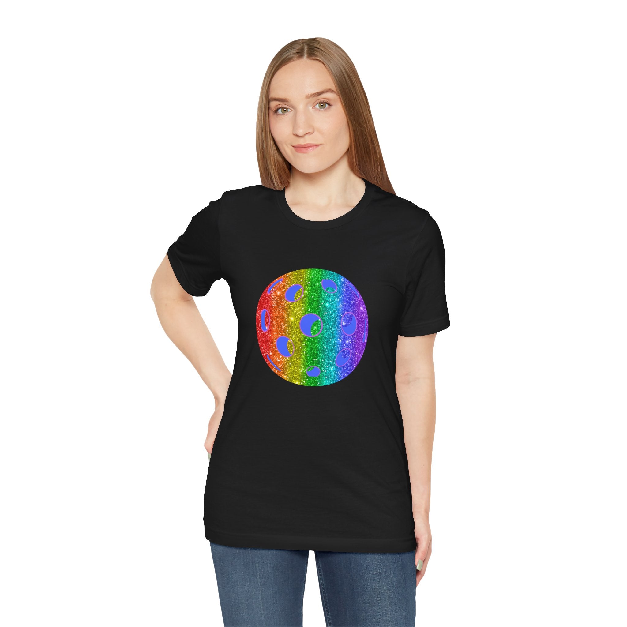 Rainbow glitter pickleball pride T-shirt featuring bold "Sparkle Loud and Proud" design, celebrating diversity and love.