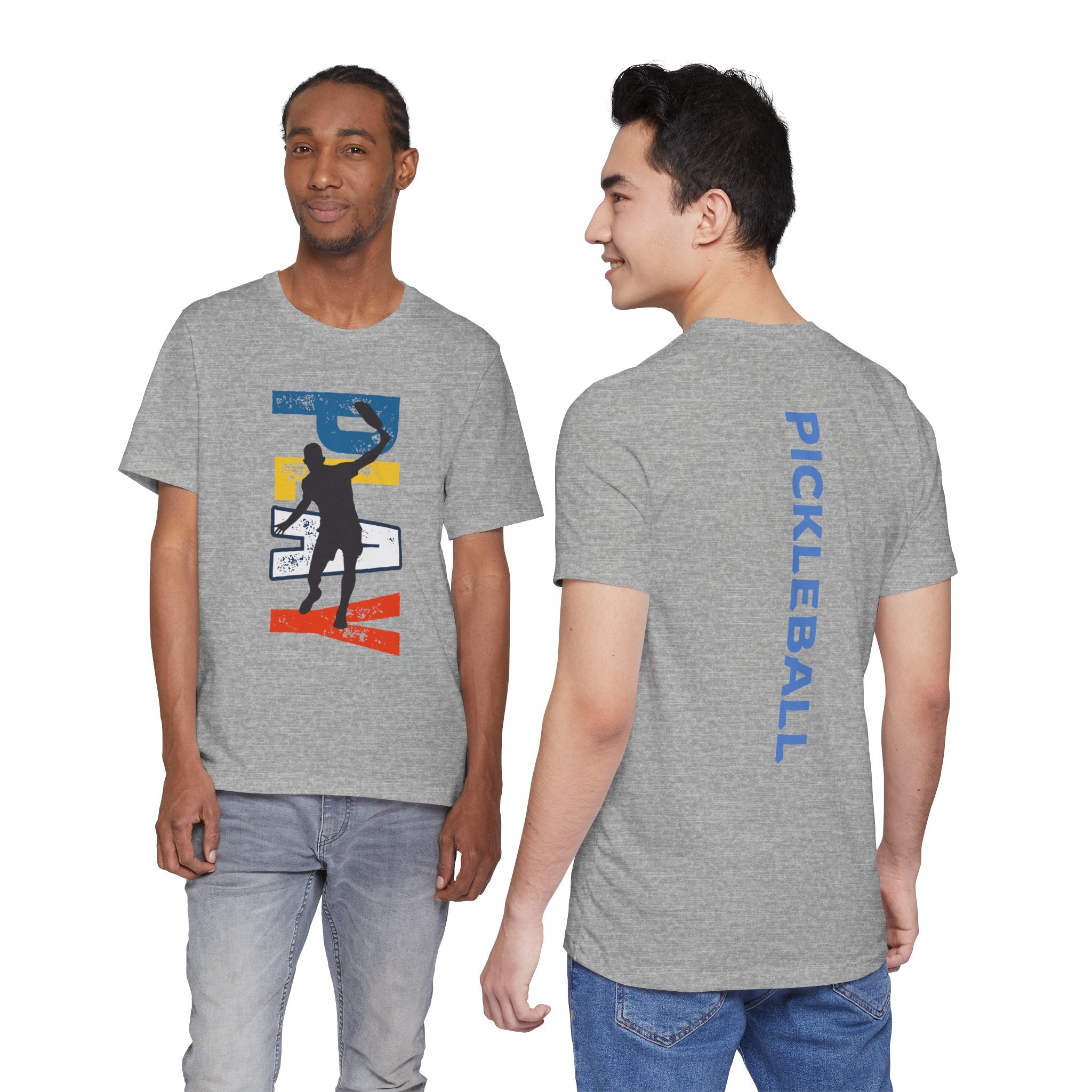 Men's Retro Pickleball Action T-Shirt with dynamic front silhouette and vertical 'PICKLEBALL' text on the back, by Printify.