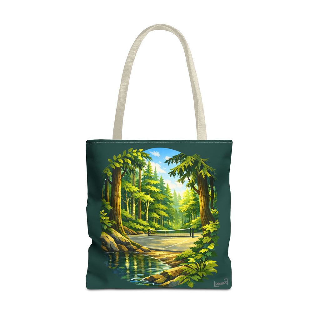 Large tote bag featuring a Bainbridge Island-inspired pickleball design with Pacific Northwest forest court artwork, by Printify.