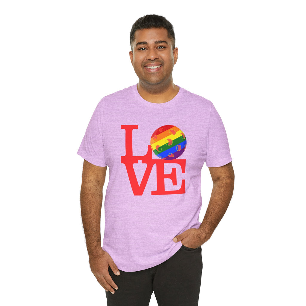 Rainbow LGBTQ2 pride T-shirt featuring the LOVE Pickleball logo, colorful design, and comfortable cotton fabric.