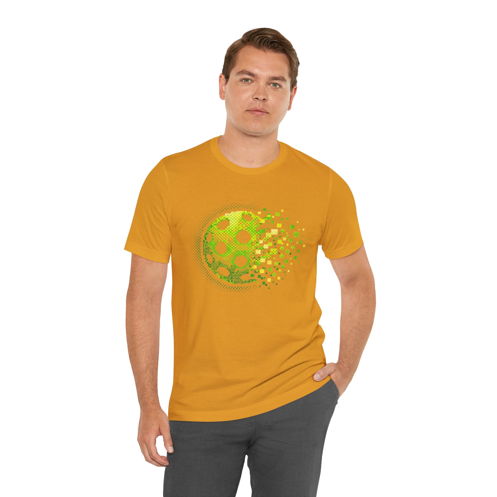 Green Pixelated Pickleball T-Shirt with retro court graphic by Printify, casual short-sleeve tee for pickleball players.